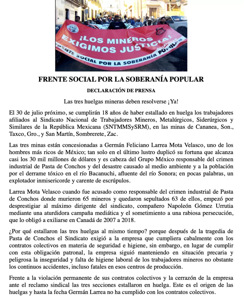 Posicionamiento del Frente por la Soberanía