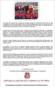 Comunicado Sección 65, Sindicato Minero