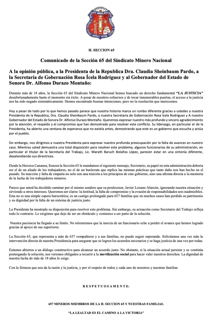 Comunicado Sección 65 Sindicato Minero
